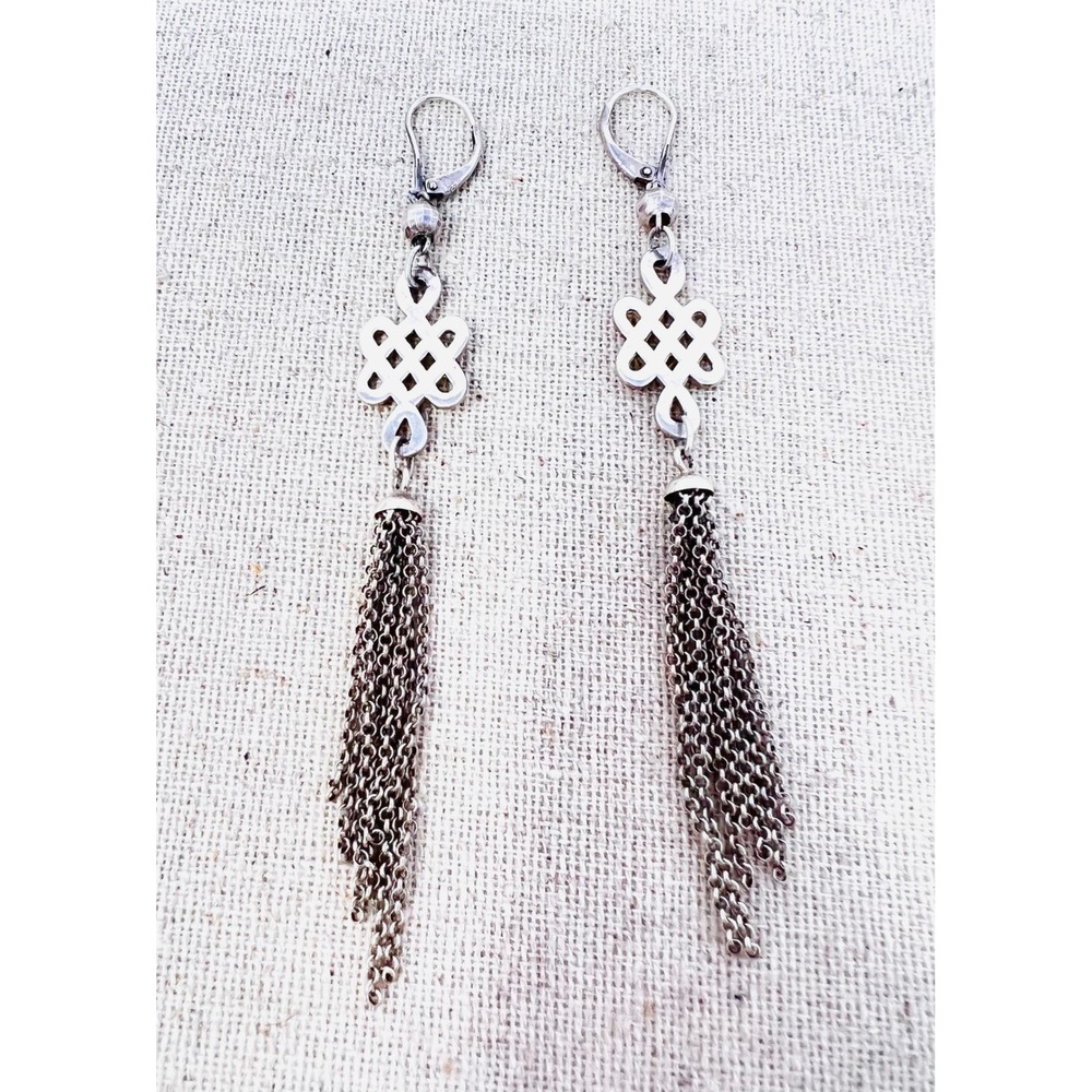 Sterling Silver Celtic Endless Knot Tassel Drop Lever-back Earrings
